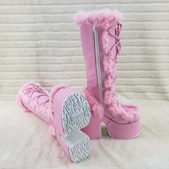 Camel 311 Baby Pink Furry Goth Punk Platform Knee Boots - Picture 5 of 10